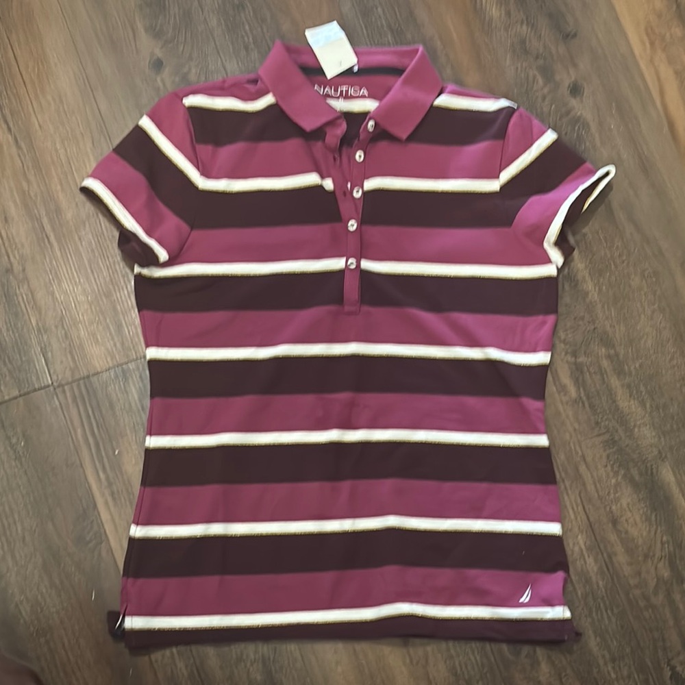 Nautica Women's Striped Polo Shirt - Burgundy and White